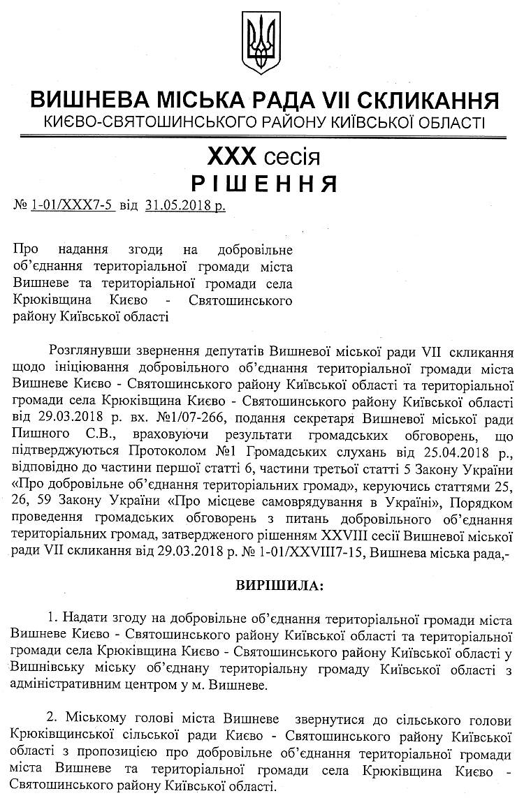 РІШЕННЯ ХХX СЕСІЇ VIІ СКЛИКАННЯ від 31.05.2018 року